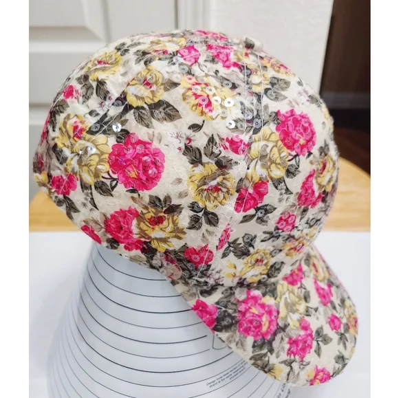 ``H25920 Pink & Clear Sequined Floral Baseball Cap - Picture 3 of 5